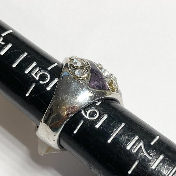 Vintage Purple Enamel Cocktail Ring Silver Plated Crystal Rhinestone Size 6 Boho - Picture 11 of 12